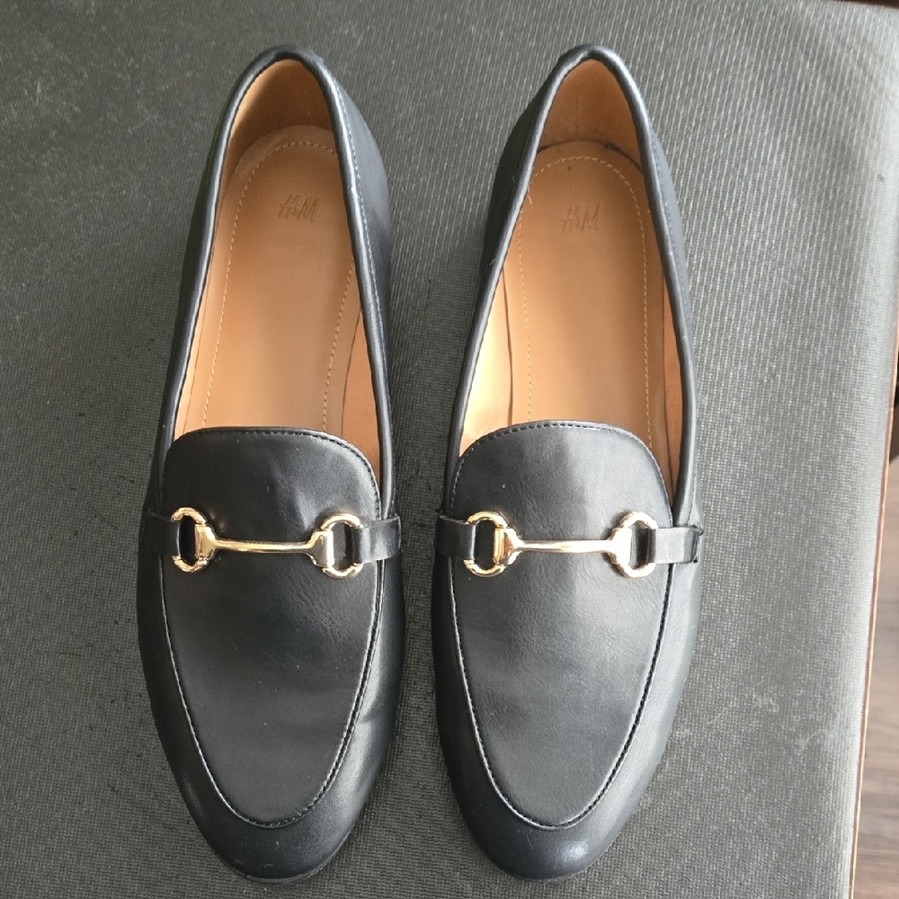 H&M Black Leather Loafers with Gold Hardware